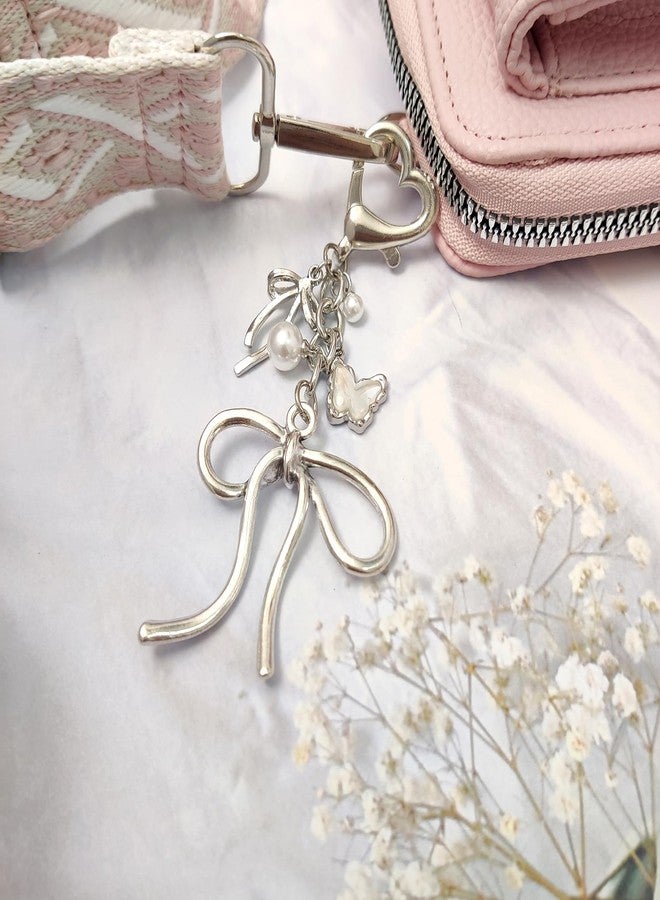 Nalefow Keychain for Women Gold Bow Angel Wings KeyChains Novel Star Heart Strawberry Racket Pendants Bag Charm Key Chains (Silver Bow) - Image 5
